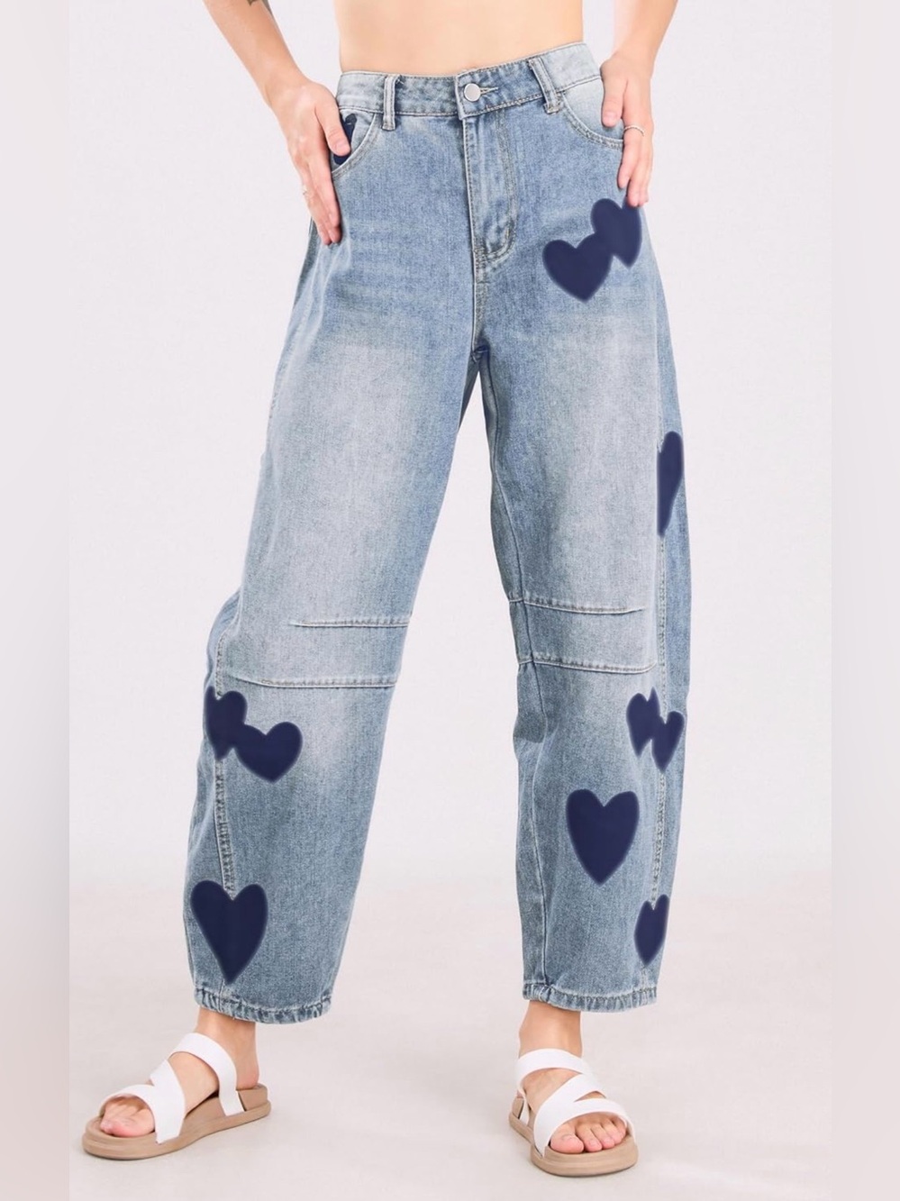 Light Wash Heart Patch Wide-Leg Jeans - Blue